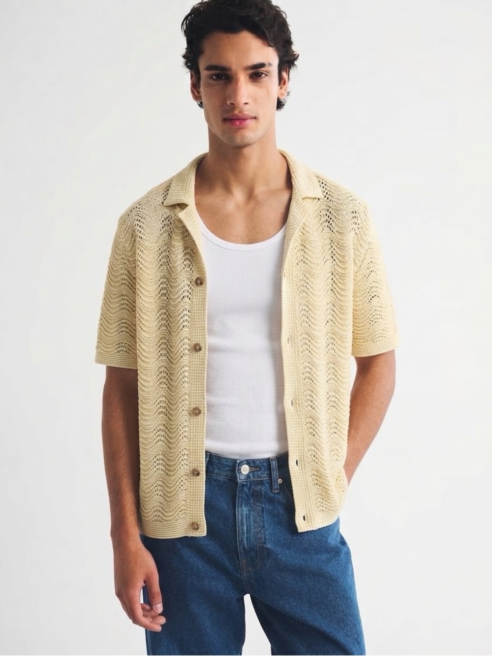 Abercrombie & Fitch Butter Wavy Crochet Button-Through Sweater Polo Size Medium